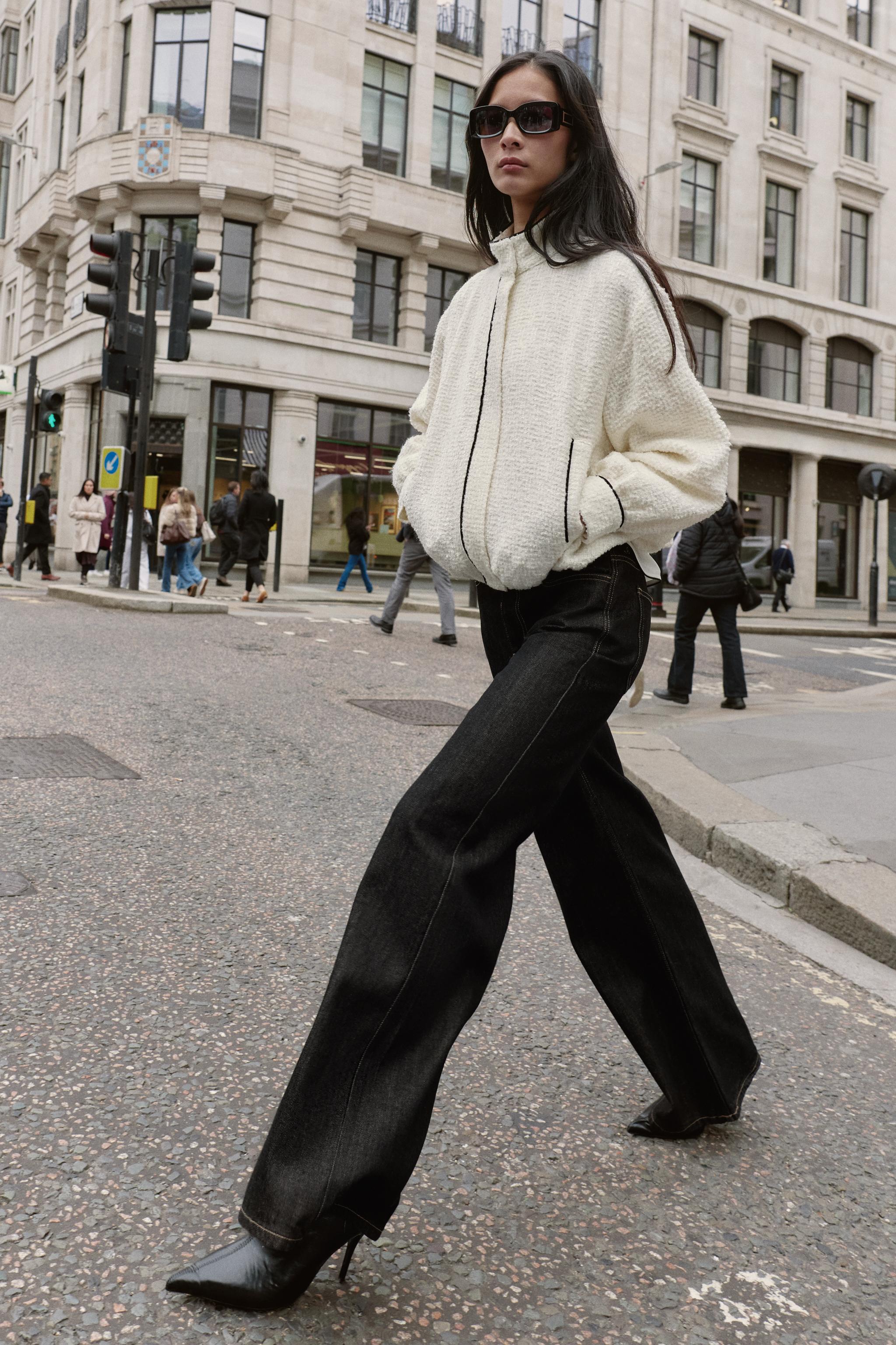 CONTRAST PIPING TEXTURED BOMBER JACKET